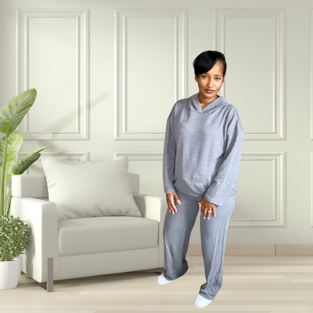 two piece knit set charcoal color front view