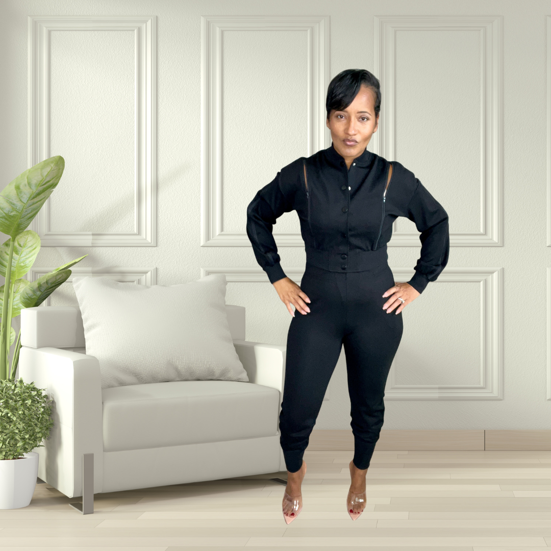 Jogger set with zippered jacket color black front view