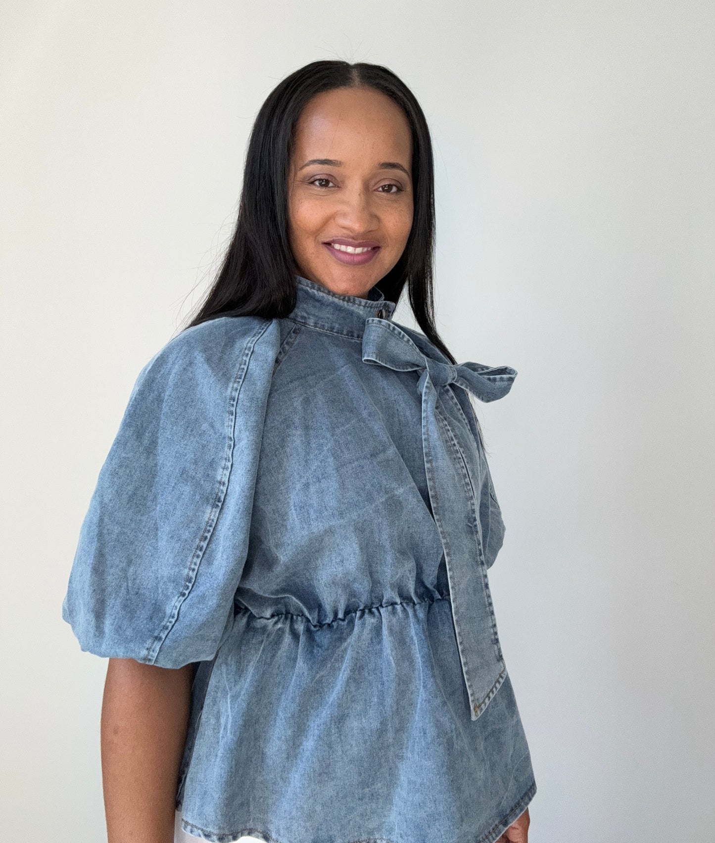 TIE FRONT DENIM PEPLUM SHIRT