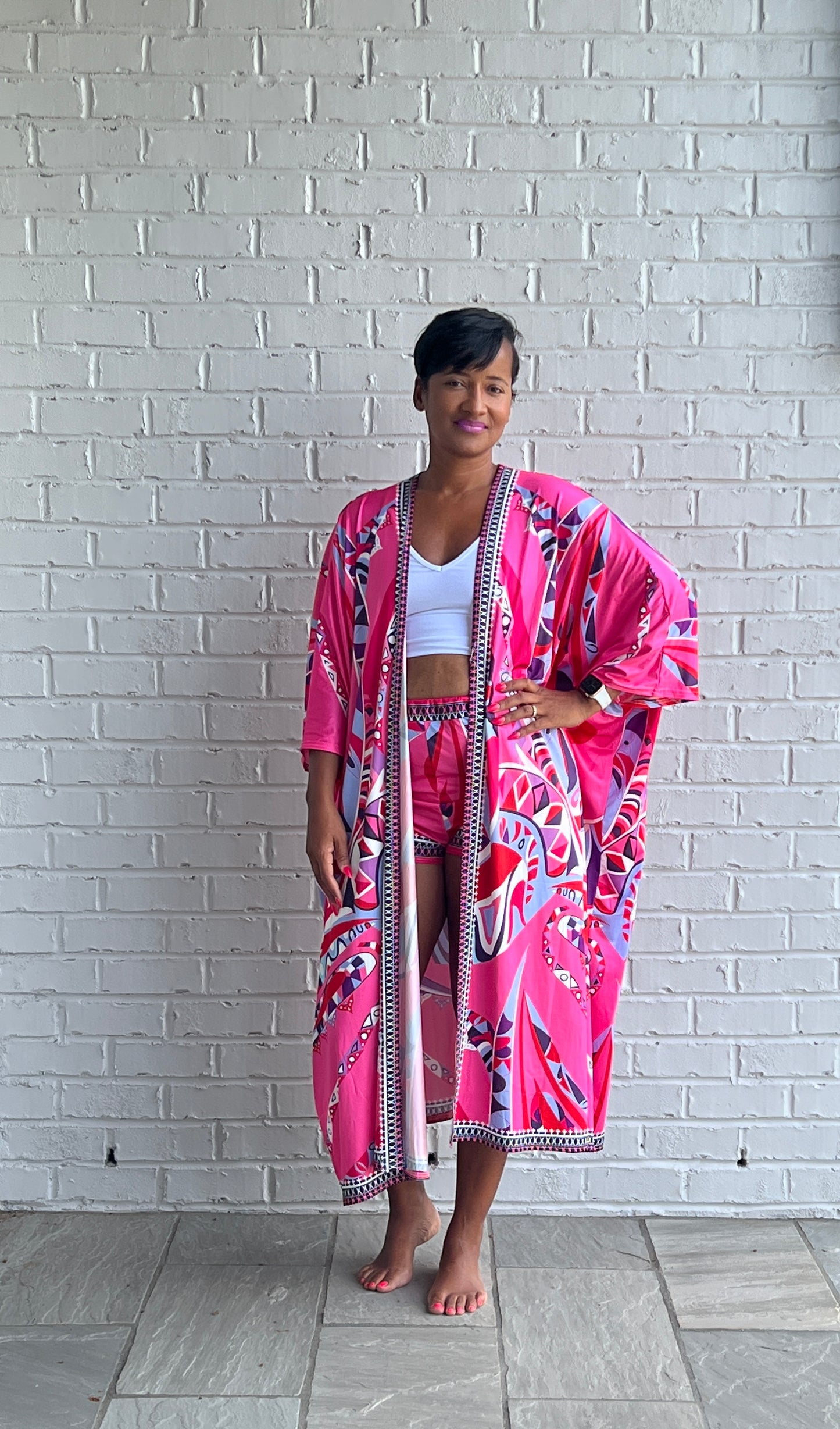 pink kimono short set side view