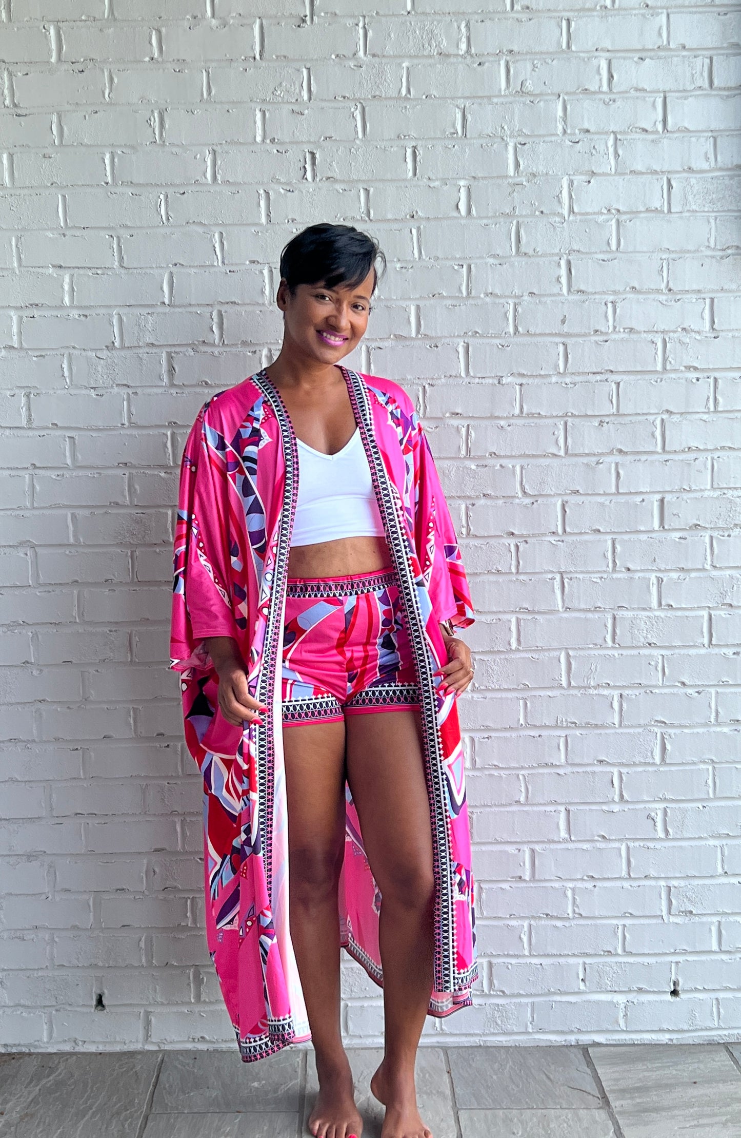 pink kimono short set