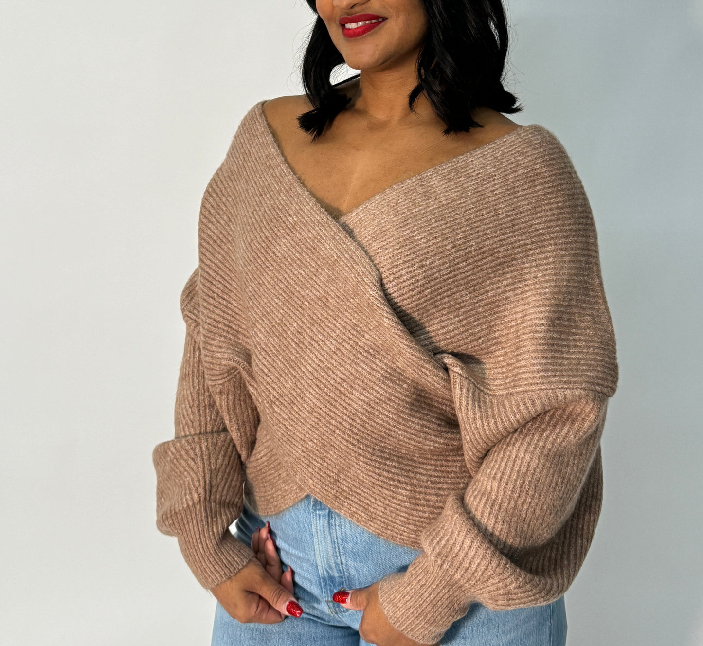 OFF SHOULDER CROSS SWEATER | LATTE