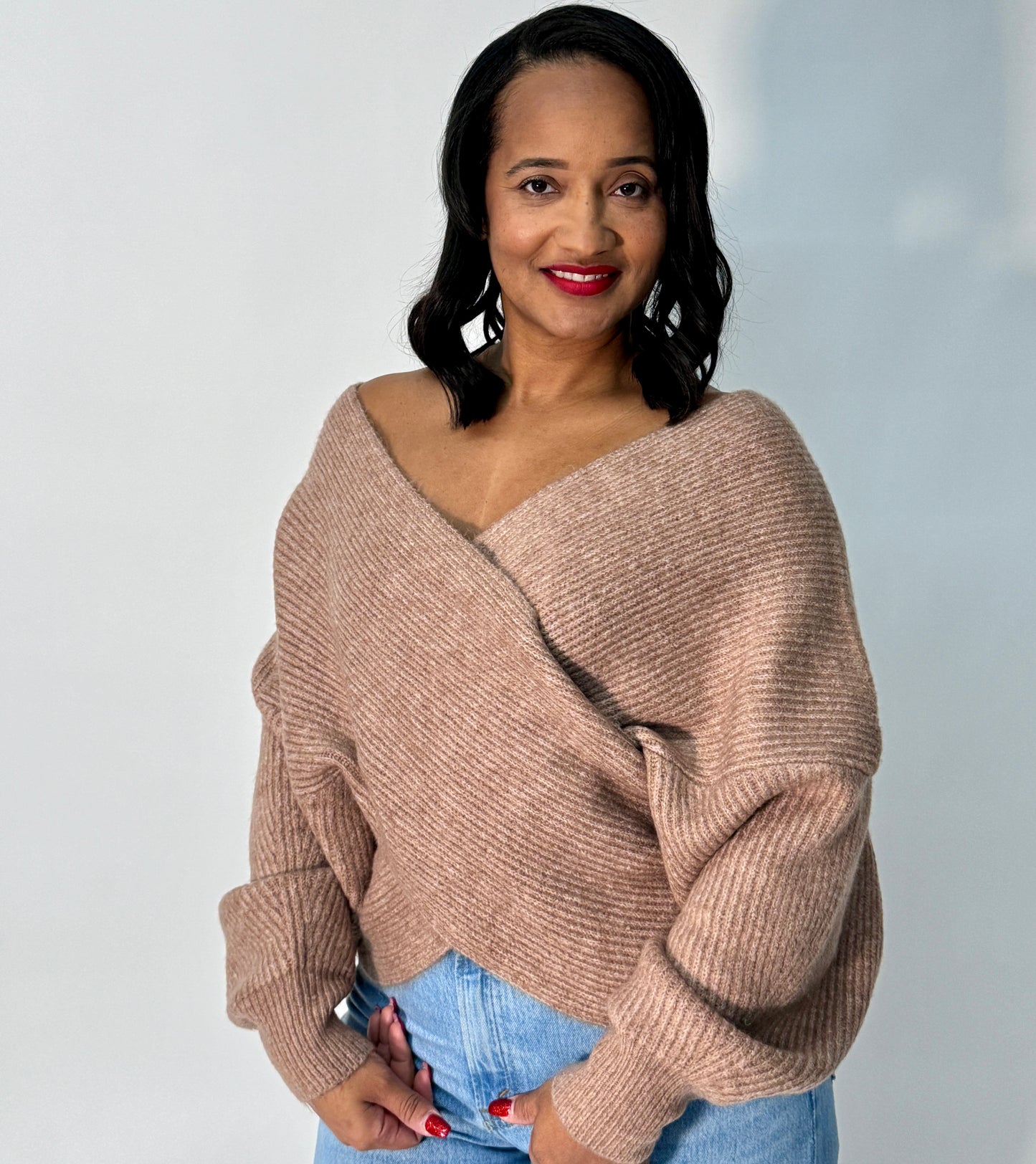 OFF SHOULDER CROSS SWEATER | LATTE