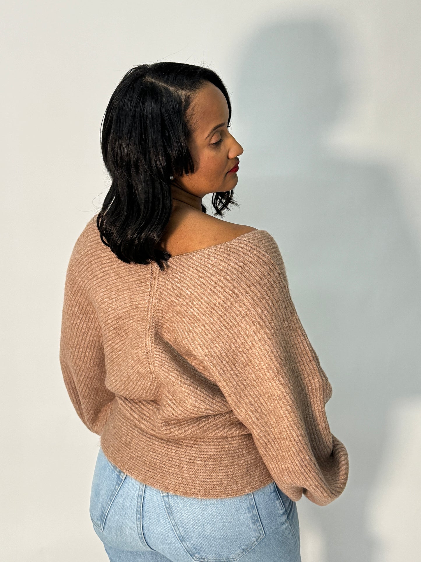 OFF SHOULDER CROSS SWEATER | LATTE