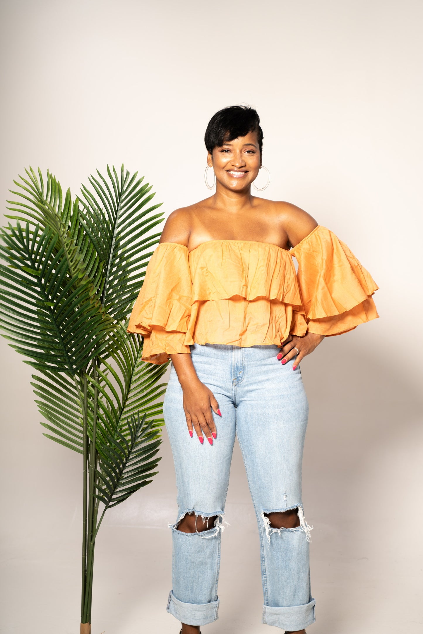 off shoulder blouse orange color