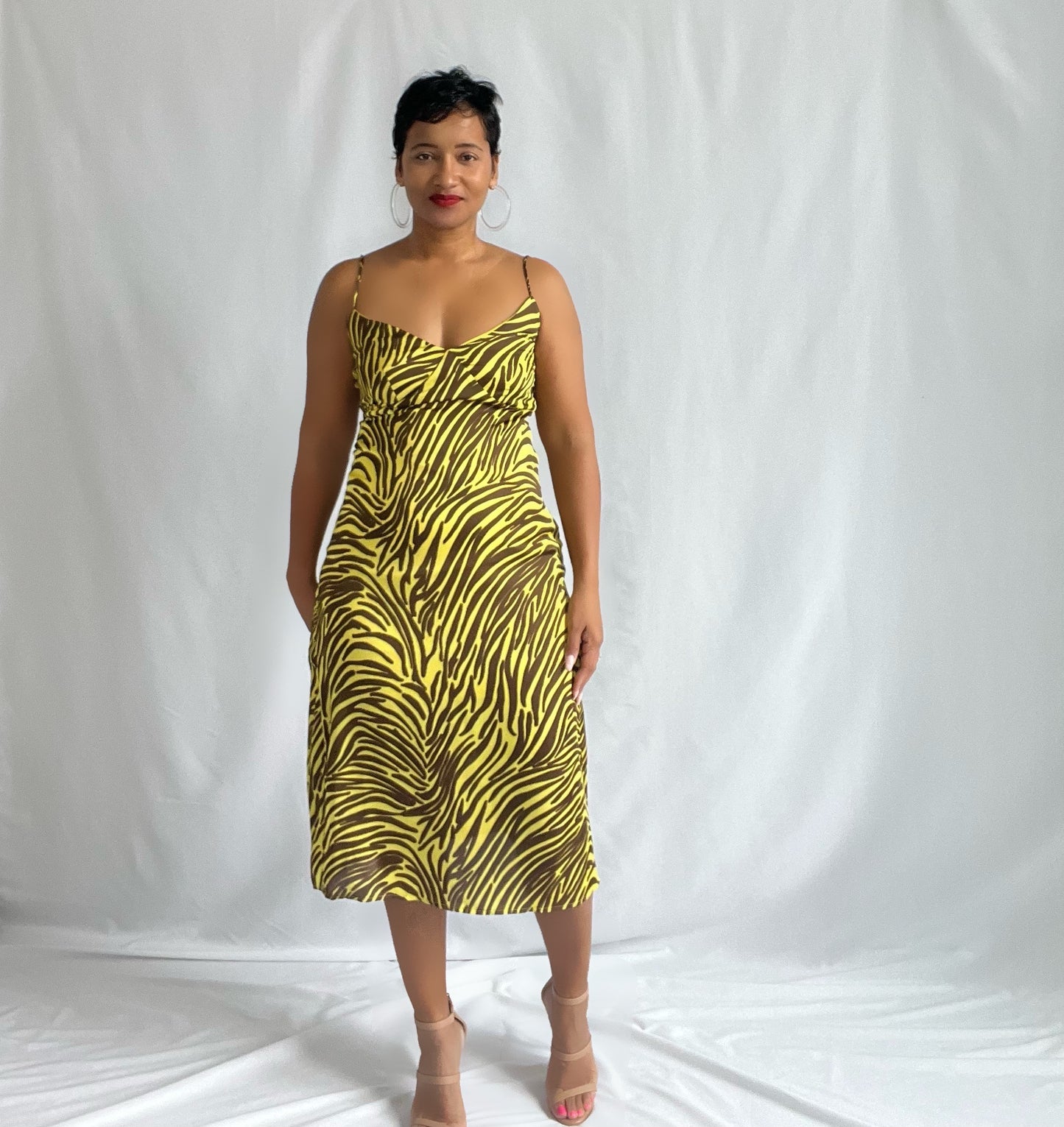 satin midi dress lime and brown front view