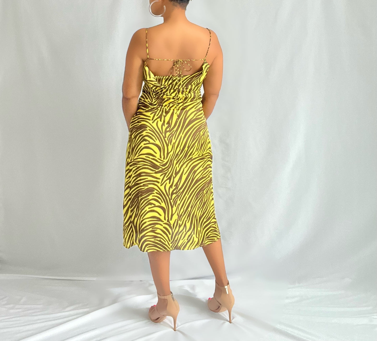 satin midi dress lime and brown color back view