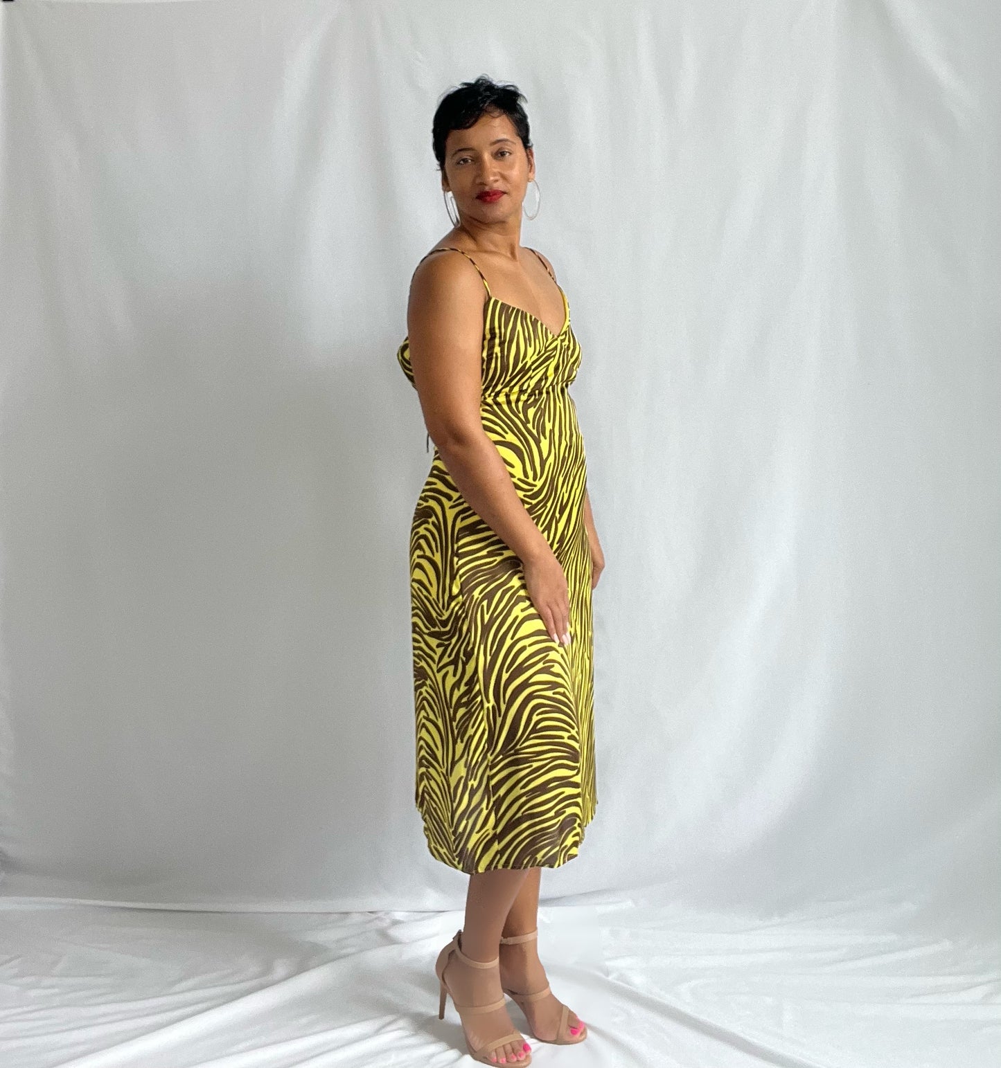 Abstract print midi dress- Lime/Brown