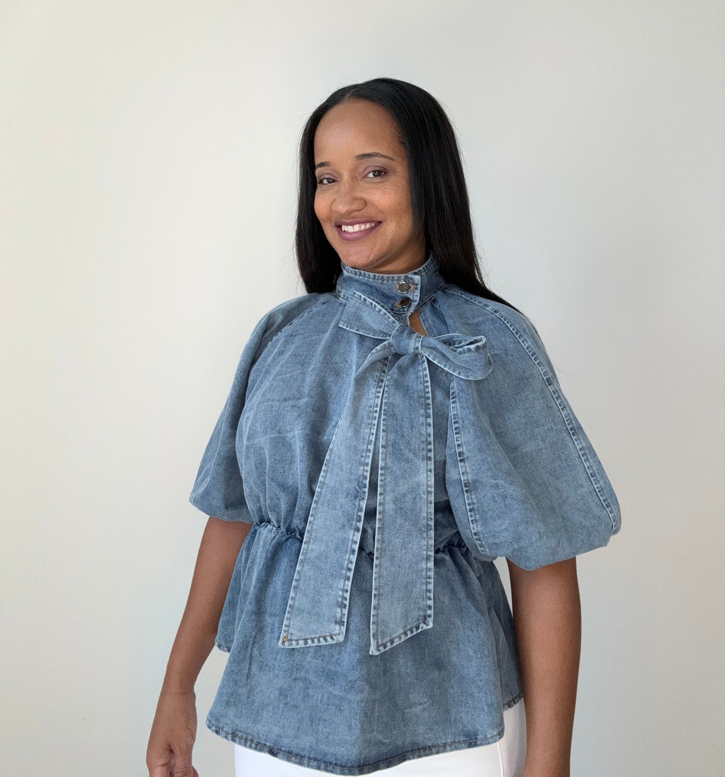 TIE FRONT DENIM PEPLUM SHIRT