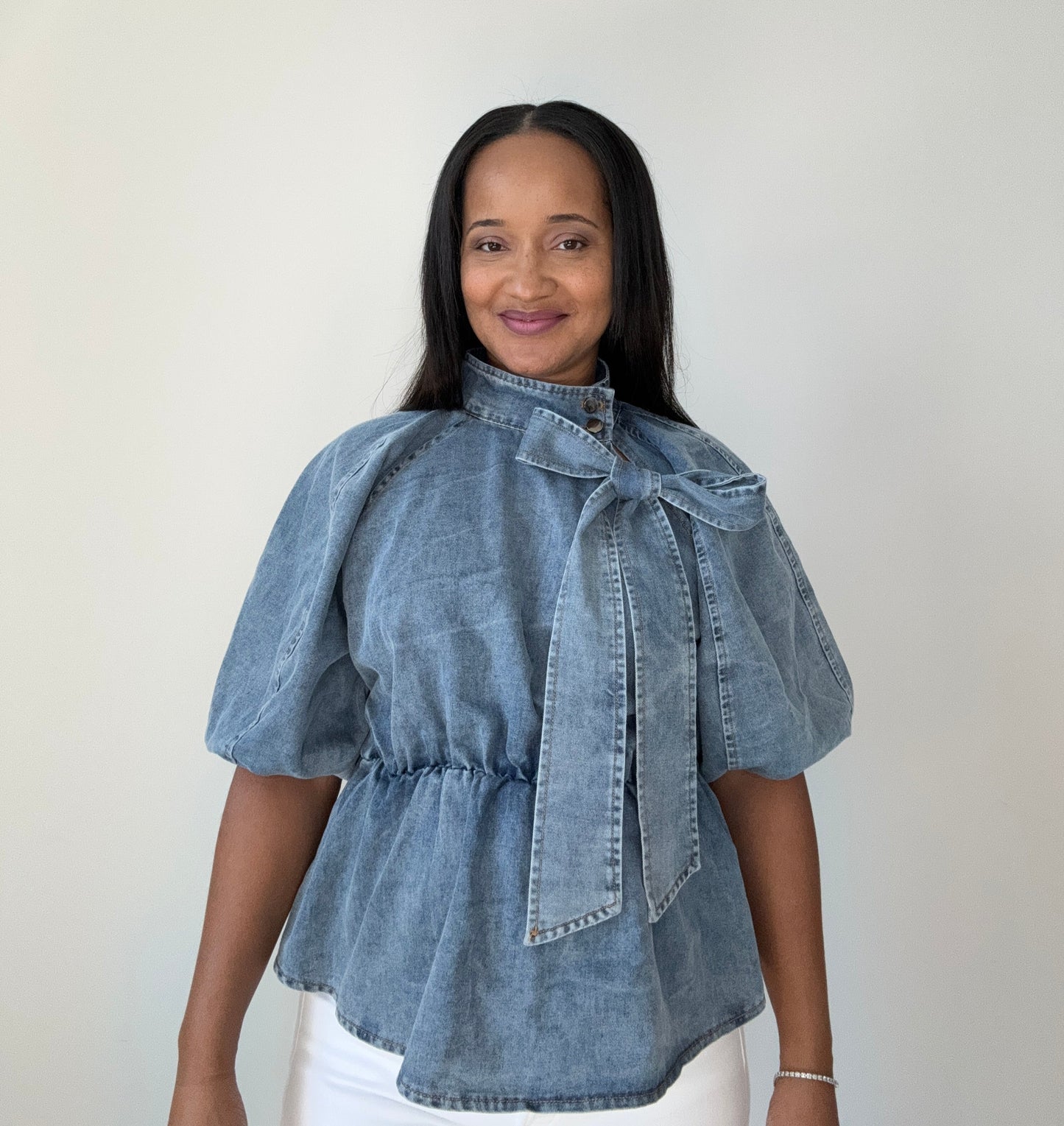 TIE FRONT DENIM PEPLUM SHIRT