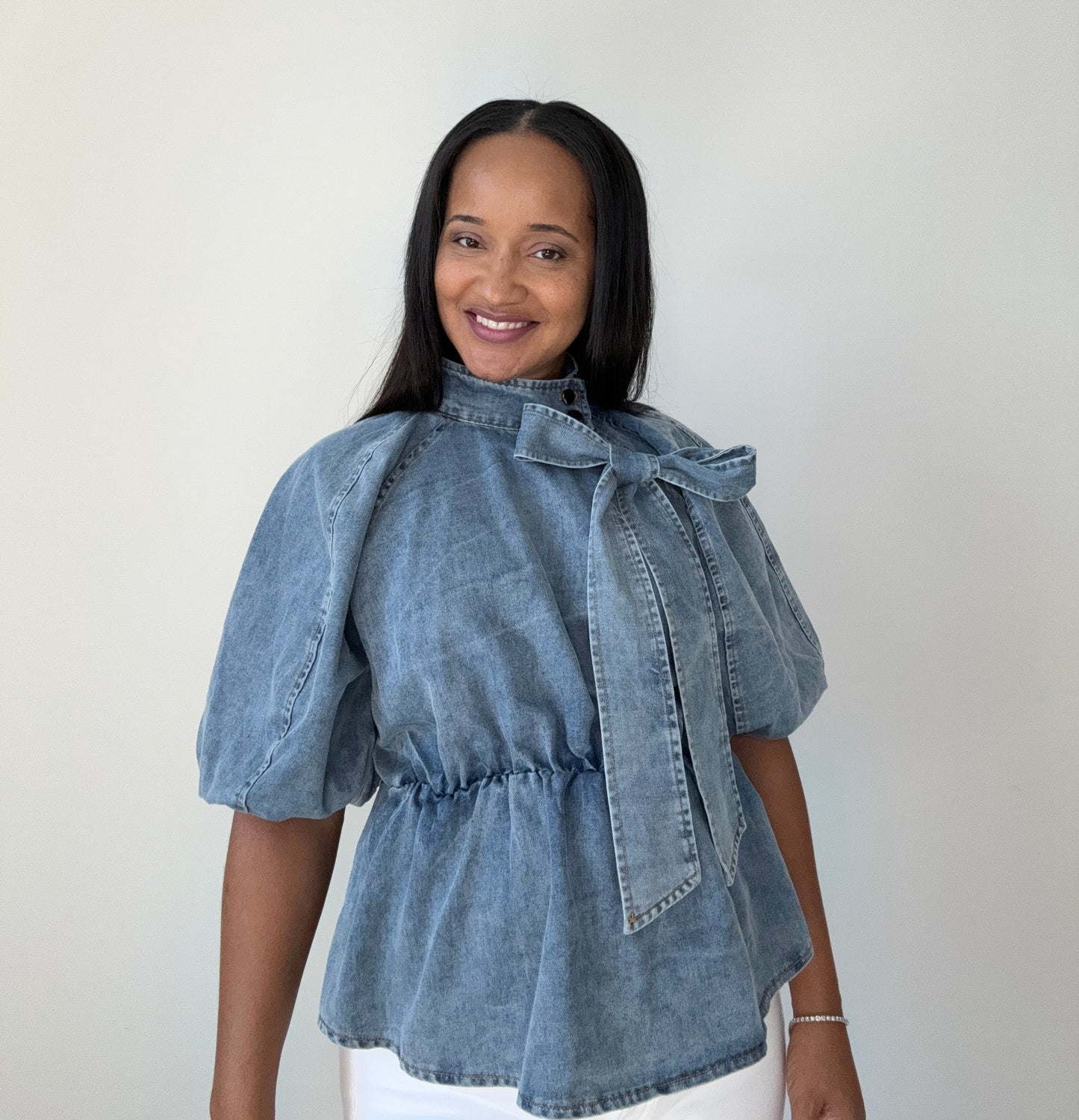 TIE FRONT DENIM PEPLUM SHIRT